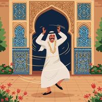 Man Dancing in Traditional Clothes Near Ornate Building Archway vector