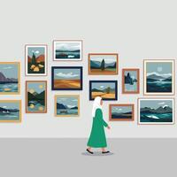 Woman in Hijab Viewing Landscape Art in a Gallery Setting vector
