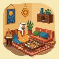 Man Playing Backgammon in Decorated Room Relaxing at Home vector