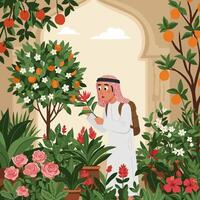 Man Inspecting Flower in Lush Garden Setting with Traditional Architecture vector
