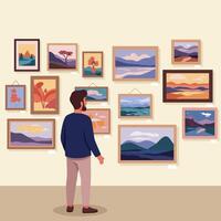 Man Viewing Art at Gallery Exhibition Featuring Landscape Paintings vector
