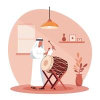 Man Playing Traditional Drum in Warm Lit Room Creating Music vector