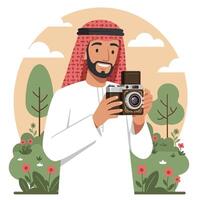 Man Photographing with Vintage Camera Outdoors in a Garden Setting vector