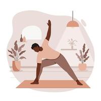 Man Practicing Triangle Yoga Pose Indoors for Relaxation and Well-being vector