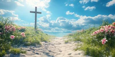 Peaceful pathway leading to a wooden cross under a blue sky filled with clouds and surrounded by flowers photo