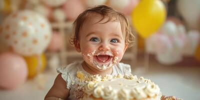 Baby celebrates first birthday with cake and joy at a colorful party surrounded by balloons photo