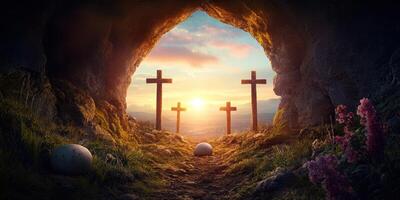 Sunrise over a serene cave with crosses and eggs symbolizing hope and renewal in a tranquil landscape photo