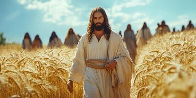 Jesus leads followers through golden wheat fields during a serene afternoon under bright blue skies photo