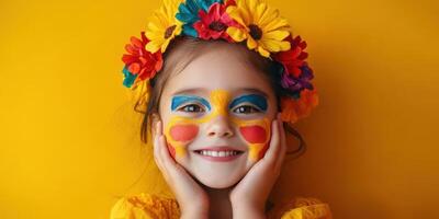 Child with colorful face paint and flower crown smiles against a vibrant yellow backdrop during a joyful celebration photo