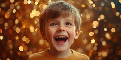 Bright smile of a young child amidst a backdrop of golden bokeh lights during a joyful moment photo