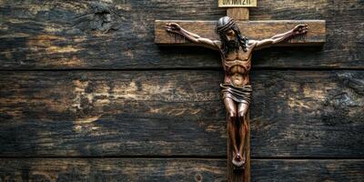 Intricate wooden crucifix displayed prominently on a rustic wooden background, showcasing religious devotion and craftsmanship photo
