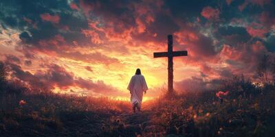 Depiction of a serene figure walking towards a cross under a vibrant sunset sky in a tranquil landscape setting photo