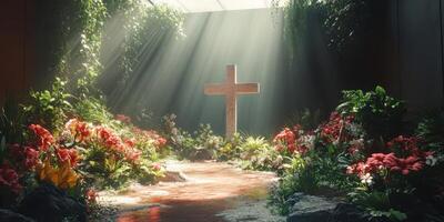 Serene garden with a cross surrounded by vibrant flowers and soft light beams in a tranquil indoor setting photo