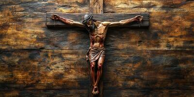Intricate wooden crucifix depicting Jesus Christ on the cross against a rustic background photo