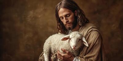 Portrayal of a serene figure holding a lamb, conveying a message of peace in a warm, textured setting photo
