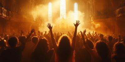 Crowd worshiping in a grand cathedral during a spiritual gathering filled with light and emotion photo
