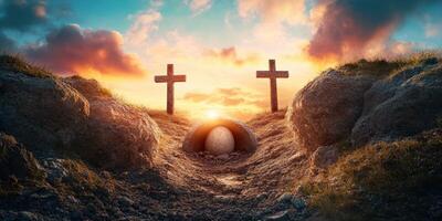 Sunset over graves with a large egg nestled in an earth mound, creating a mysterious and serene atmosphere photo