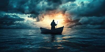 Mysterious figure in a small boat on dark waters with dramatic clouds at sunset photo