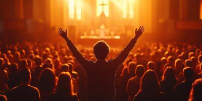 Worshippers gather in a church during a vibrant service filled with light and emotion photo