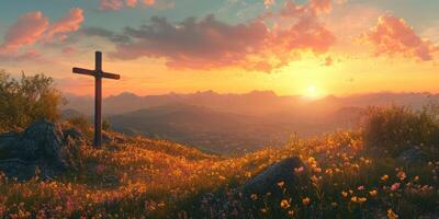 Serene sunset at a mountain overlook with a cross surrounded by colorful wildflowers photo