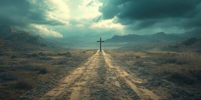Cross stands solitary on empty road surrounded by mountains under dramatic sky photo