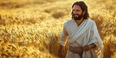 Man joyfully walks through a golden wheat field during sunset, embodying peace and serenity photo