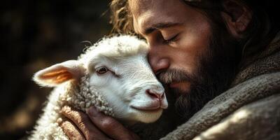 Man lovingly embraces a sheep in a serene countryside setting during golden hour photo