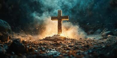 Cross illuminated by a mystical glow during a serene moment at dusk in a secluded forest setting photo