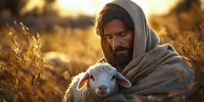 Shepherd in a golden field cradles a lamb during sunset, highlighting the bond between man and nature photo