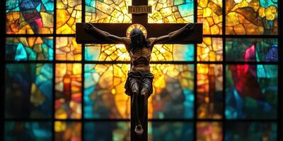 Stained glass window illuminating a crucifix in a serene chapel during morning light photo