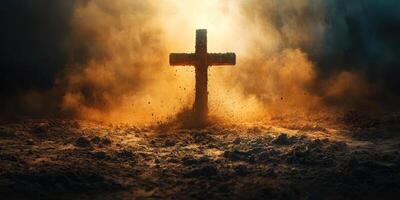 Dramatic silhouette of a cross illuminated by a warm glow with dust swirling in a somber atmosphere at dusk photo