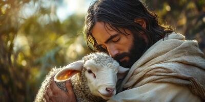 Shepherd caring for a lamb in a tranquil, sunlit setting among lush greenery, conveying peace and compassion photo