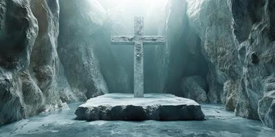 Atmospheric cave with a solitary cross illuminated by soft light at dawn photo