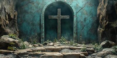 Mysterious cave setting featuring a stone cross and lush vegetation in soft light photo