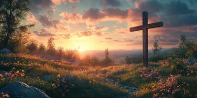 Sunset view with a wooden cross in a serene landscape filled with blooming flowers and rocks photo
