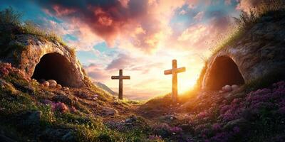 Sunrise over two empty tombs with crosses and blooming flowers in a serene landscape photo