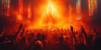 Exciting worship gathering captures enthusiastic expressions in a radiant large venue during an evening service photo