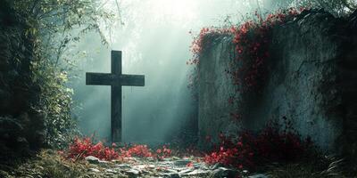 Mysterious forest clearing with a cross surrounded by vibrant flowers and ethereal light in the early morning photo
