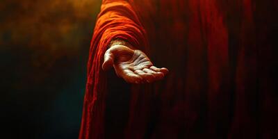 Hand extended towards viewers against a moody background, capturing themes of hope, connection, and spirituality in a dramatic setting photo
