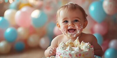 Happy baby enjoys first birthday cake covered in frosting surrounded by colorful balloons photo