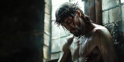 Depiction of a man crowned with thorns in a dimly lit environment reflecting on suffering and sacrifice during a solemn moment photo