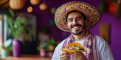 Man in colorful sombrero enjoys taco in vibrant restaurant setting full of plants and warm lighting photo