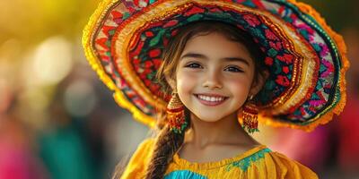 Girl in colorful traditional attire and wide-brimmed hat smiles joyfully during cultural celebration in outdoor setting photo