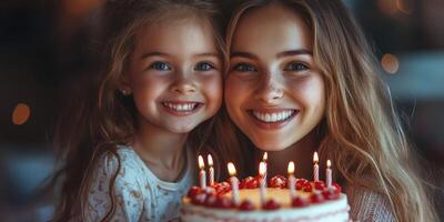Joyful celebration of a birthday between a mother and daughter with a cake and candles in a cozy atmosphere photo