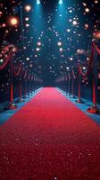 Red carpet pathway leads to a bright stage illuminated by sparkling lights at an evening event photo