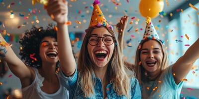 Friends celebrate together with joy and laughter during a vibrant indoor party full of confetti and balloons photo