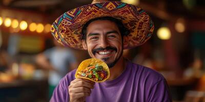 Enjoying a delicious taco at a vibrant outdoor food market during a late afternoon gathering with friends photo