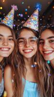 Friends celebrate together at a festive birthday party with colorful hats and confetti in a cheerful atmosphere photo