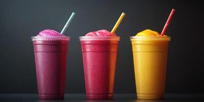 Delicious frozen fruit drinks in vibrant colors served with straws at a refreshment stand photo