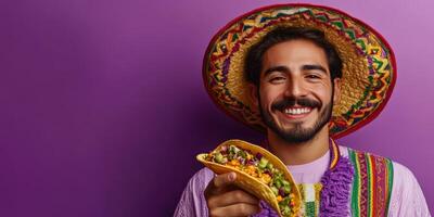 Smiling man in colorful attire holding a taco against a vibrant purple background during a food festival in a lively setting photo